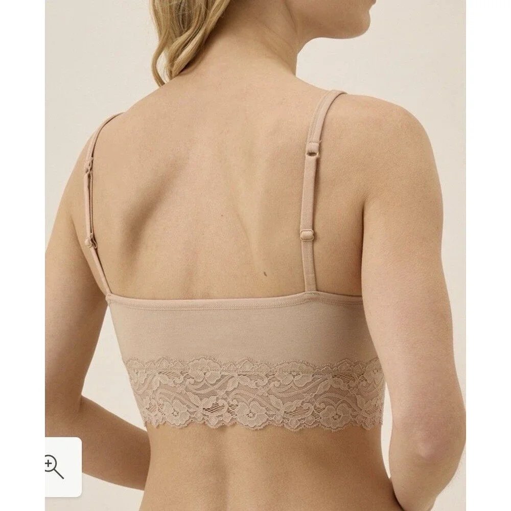 Pact Women's Organic Sustainable Cotton Lace Trim Bralette Beige Nude Comfy Sz M
